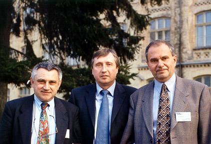 Key persons of the Programme Committee in front of the main building of NTUU 'KPI': Prof. J. Bonnin (France), Prof. Acad. M. Zgurovsky (Ukraine), 

   Prof. A. Gvishiani (Russia)